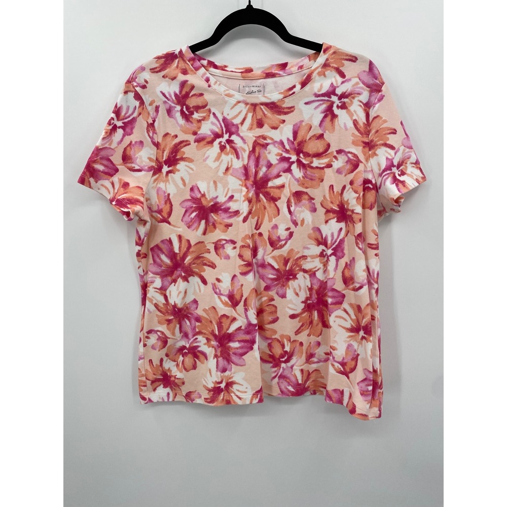 Studio Works Floral Tee Womens XL Pink Orange Cotton Short Sleeve Studio Tee